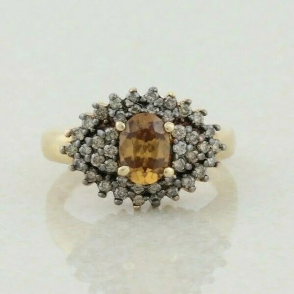14k Yellow Gold Natural Golden Topaz and Fancy Champagne Diamond Ring Size 6 - Picture 1 of 10